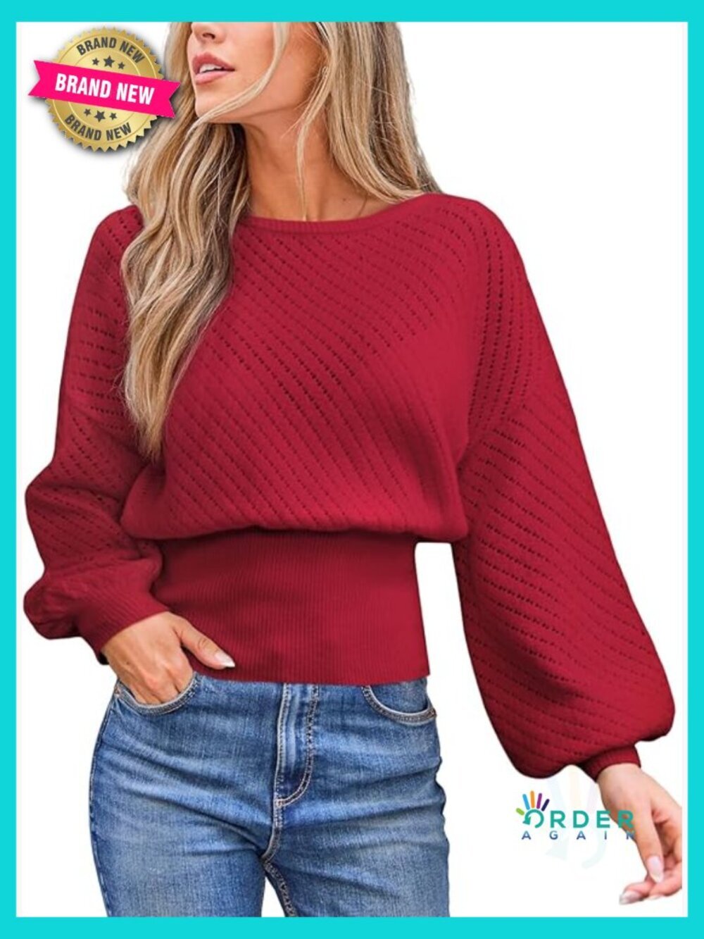 Boatneck Puffy Sleeve Sweater Cinched Waist Pullover Knit Top Fall Winter